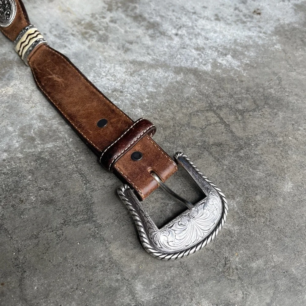 True Vintage Tony Lama Brown Leather Belt Studded Silver Size 44